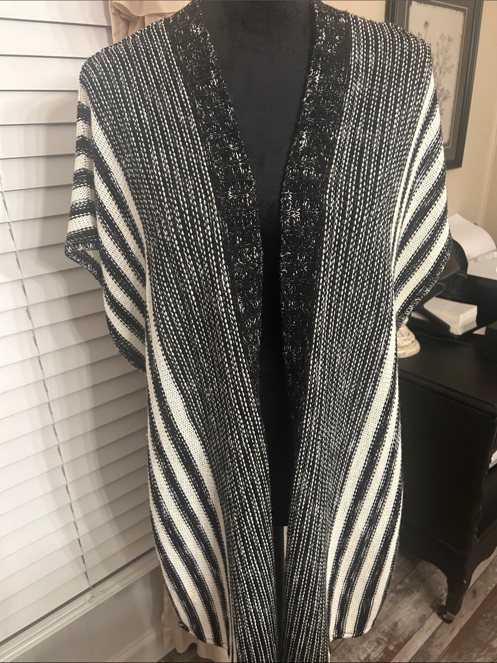 Nina Leonard Black & White Striped Open-Front Knit Poncho